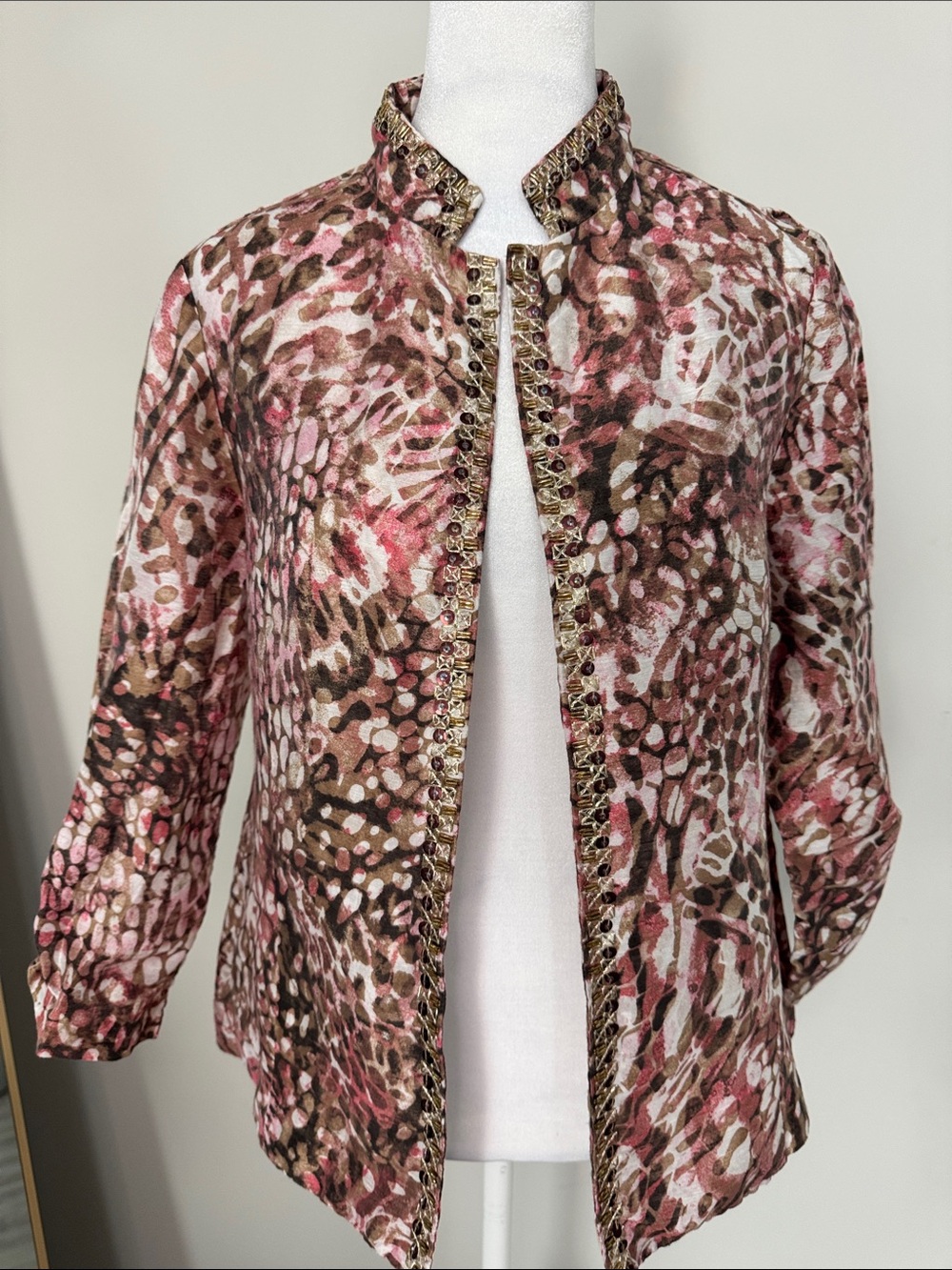 Chico's Pink and Brown Patterned Open-Front Jacket